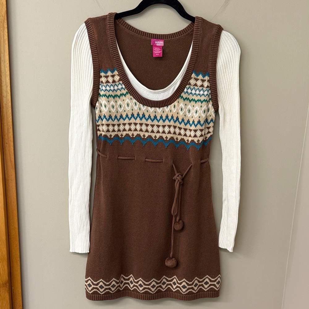 Personal Identity Cotton Knit Sweater Dress with Patterned Detail | Brown | GUC